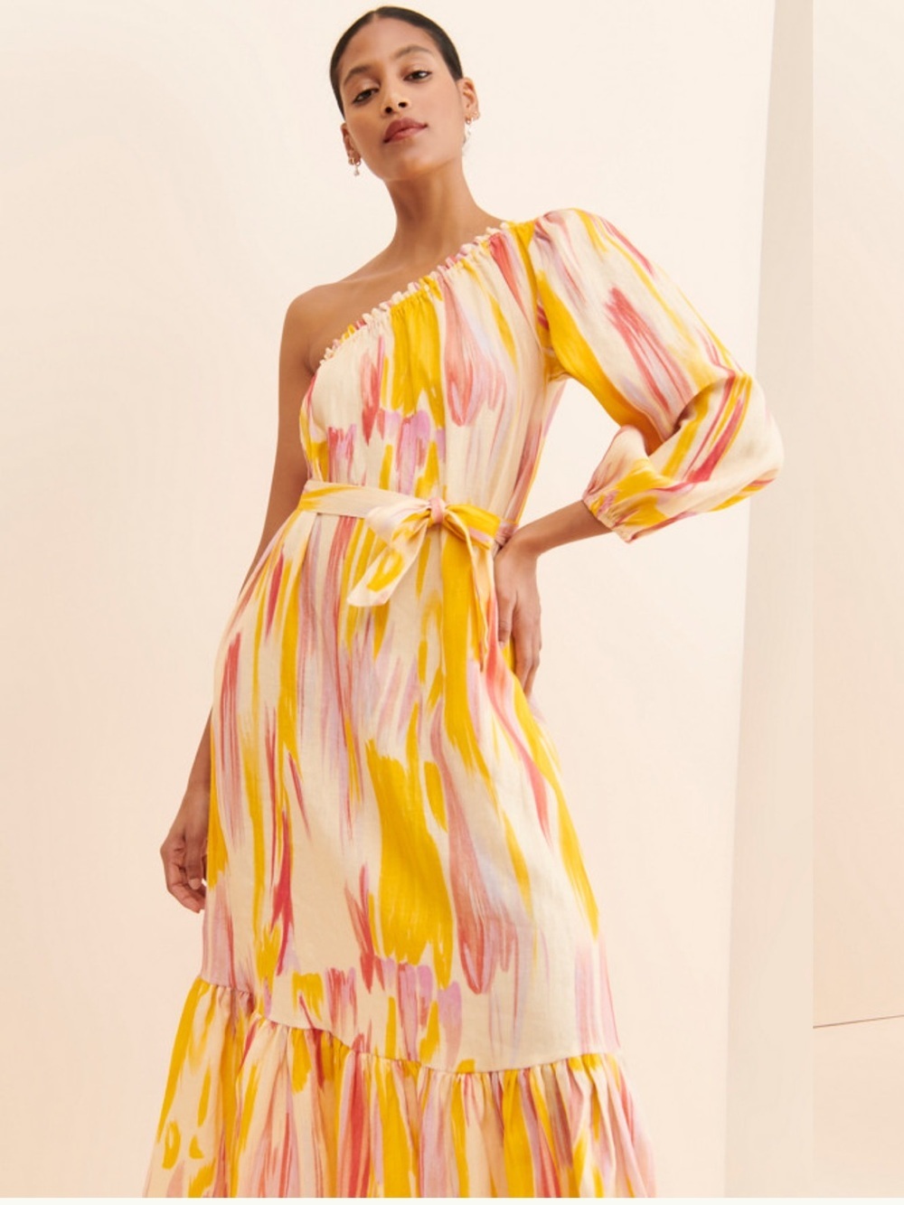 Anthropologie Little Lies Costa Rica Linen One Shoulder Maxi Dress Size XS